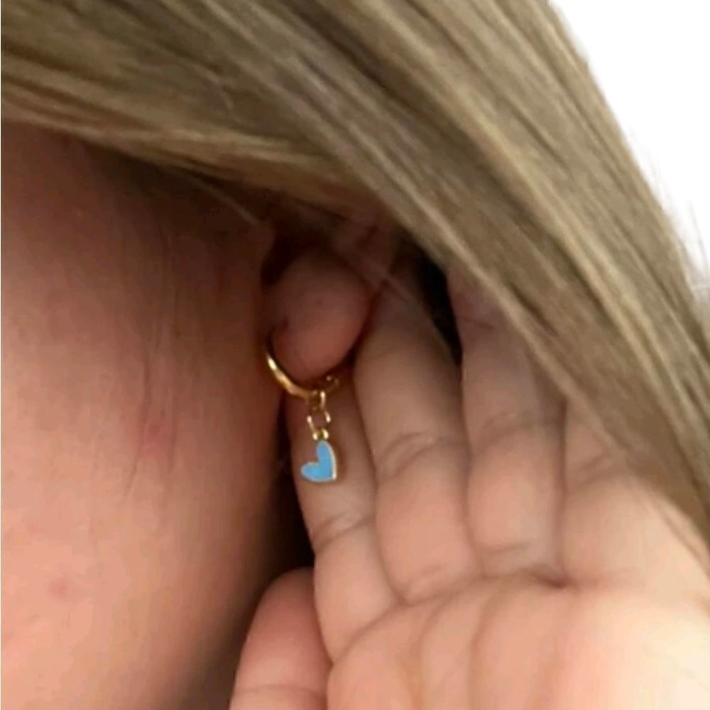 Gold Hoops Dangling Heart Drop Huggie Earrings - Picture 3 of 5